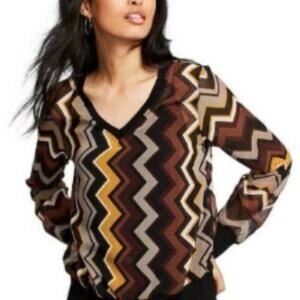 Missoni Brown Black Signature Zig Zag Sheer Crepe Long Sleeve Blouse Top